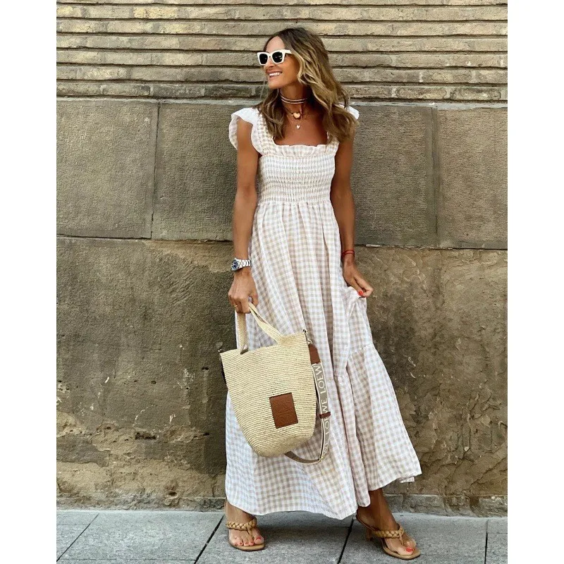 

Elegant Plaid Slip Maxi Long Dress Summer Women's Strapless Ruffle Backless Pleated Elastic Waist Boho Party Swing Loose Dresses