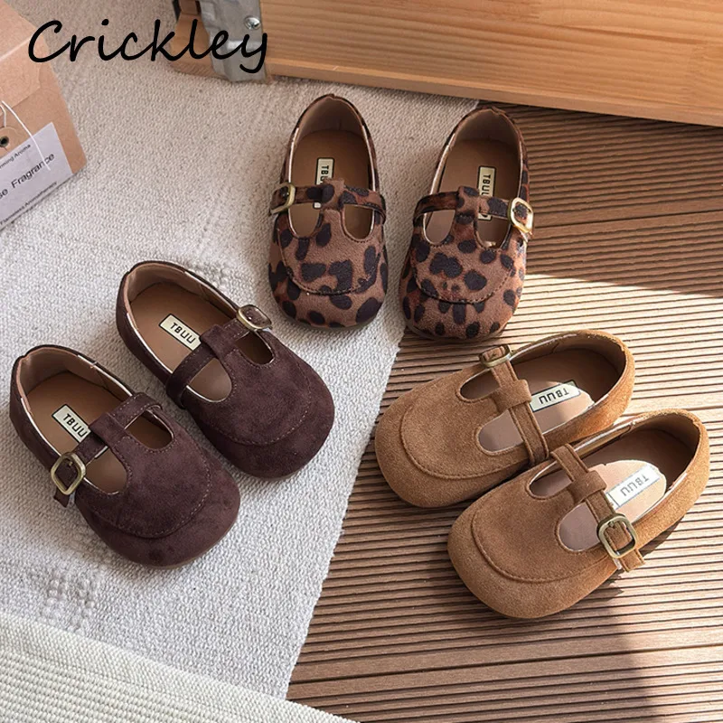 Leopard Solid Buckle Girls Flats Shoes PU Leather Kids T-Strap Shoes Hook Loop Anti Slip Toddler Children Fashion Shoes