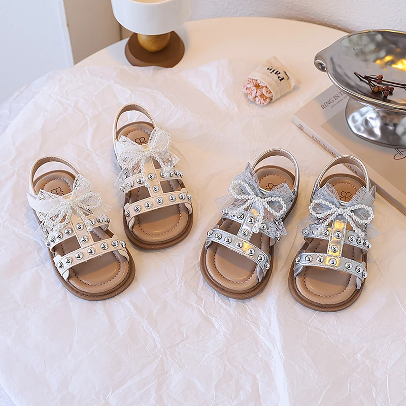 Girls Sandals Kids Summer Single Shoes Elegant Lace Bow Pearl Rivet Party Princess Shoe Flats Non-slip Casual Girl Beach Sandal