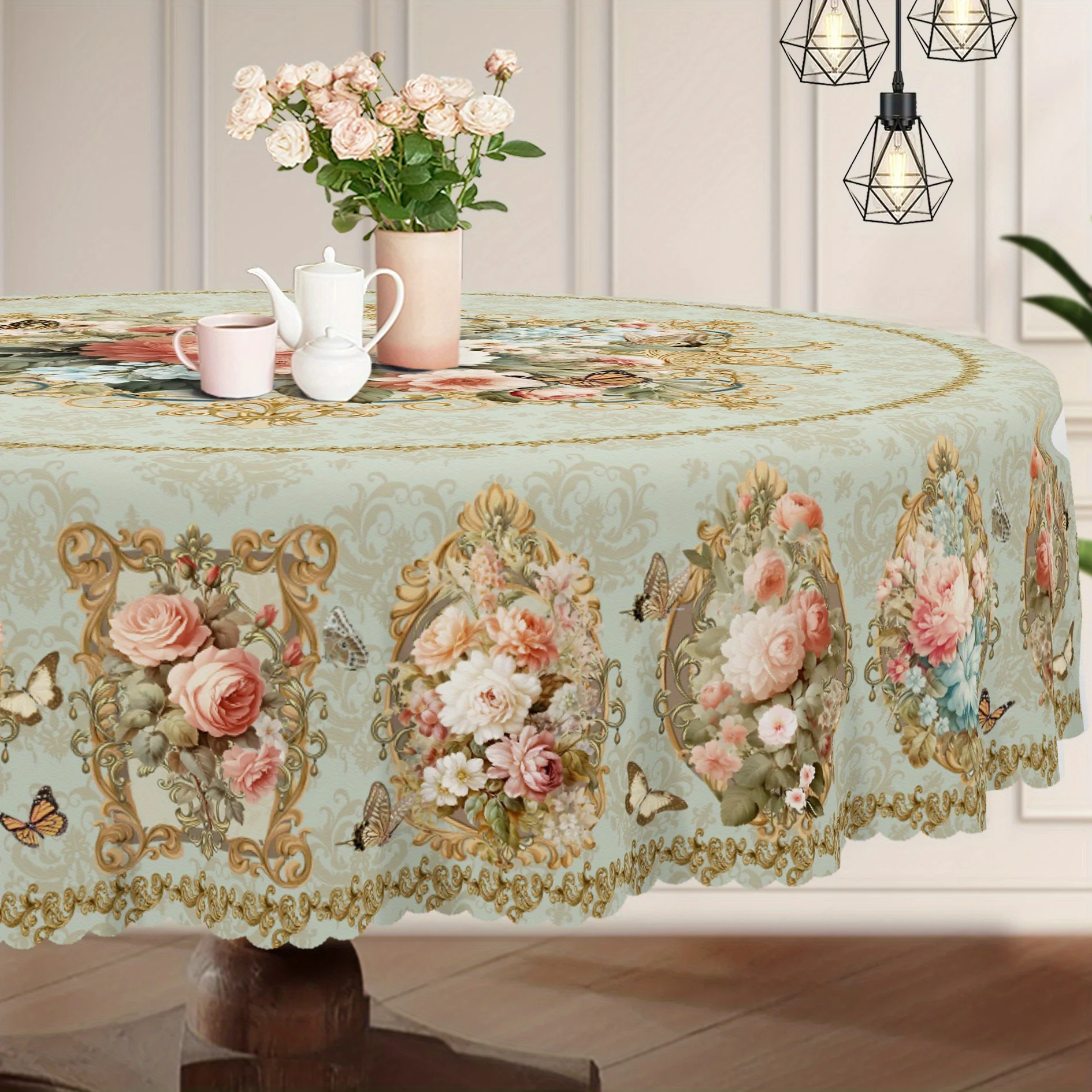 Floral tablecloth, with a French floral design in the style of Victorian butterflies.