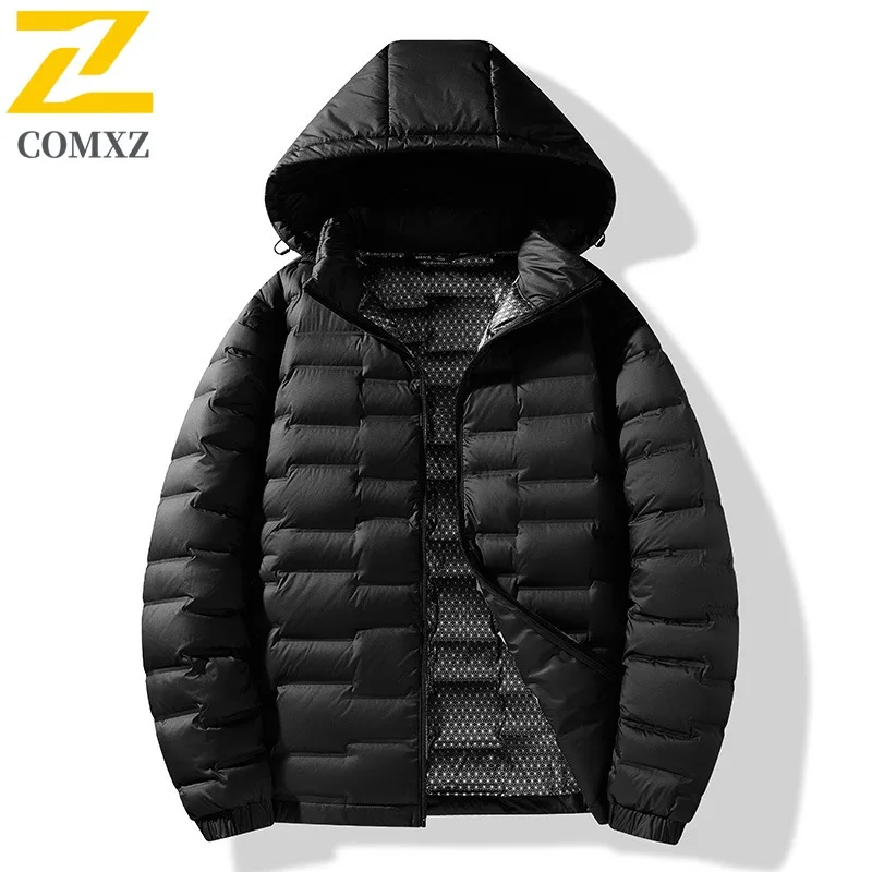 COMXZ Men Travel Down Jacket High End Outdoor Design Thickened Warmth Parka Premium Hooded Ultra Light Winter Padded Jacket