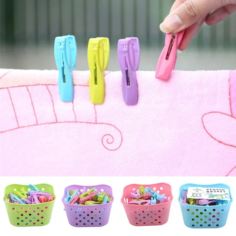 30/PCS Plastic Laundry Clothespins Decorative Clothes Pegs Clothespin Storage Organizer Towel Washing Clips Large With Basket