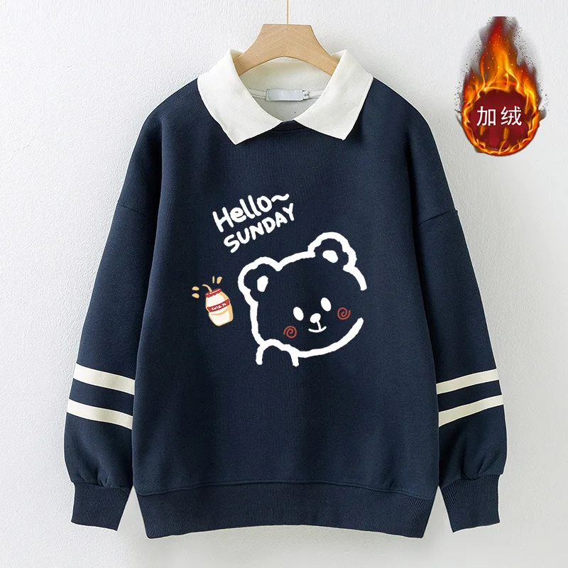 Autumn and Winter Plus Velvet Thick Polo Collar Sweatshirt for Girls, College Style Vacation, Two Long Sleeved Base Tops