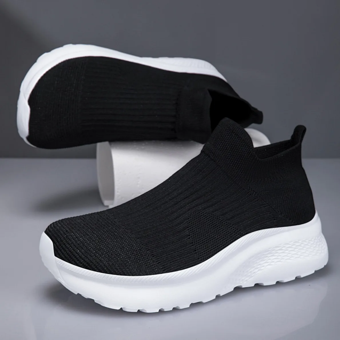 Men Women Wide Toe Sneakers Lightweight Elastic Mesh Breathable Slip On Sock Shoes Height Increase Casual Walking Shoes