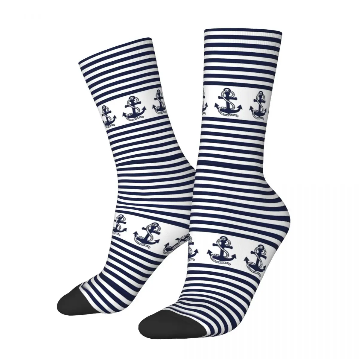 Nautical Blue And White Stripes With Navy Blue Anchor Socks Hiking 3D Print Boy Mid-calf Sock