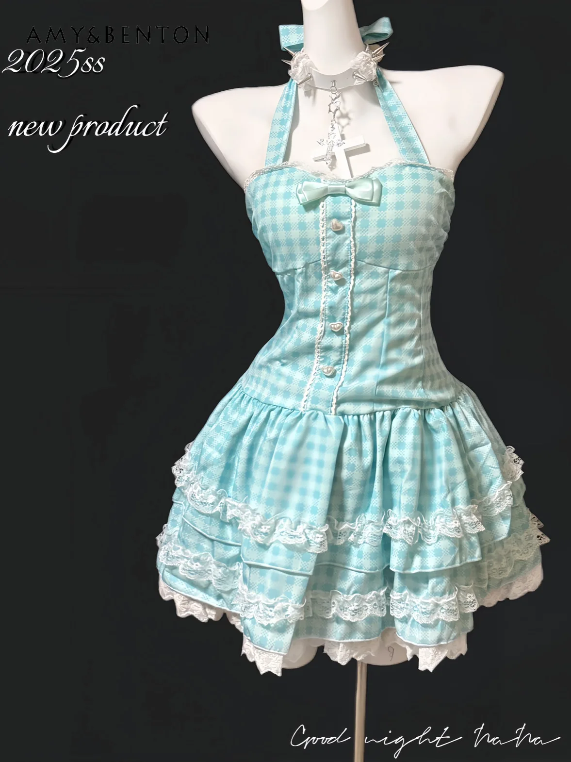 

Summer New Lolita Sweet Spice Girl Halter Plaid Tutu Dress for Women Cute Bow Tube Top Lace Splicing High Waist Slim Mini Dress