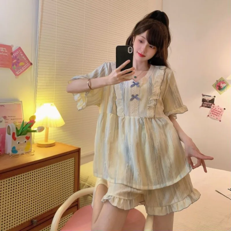 6XL Plus Size Pajamas Set Women\'s Summer Thin Short-sleeved Tops and Shorts Loose Loungewear Korean Style Students Home Clothes