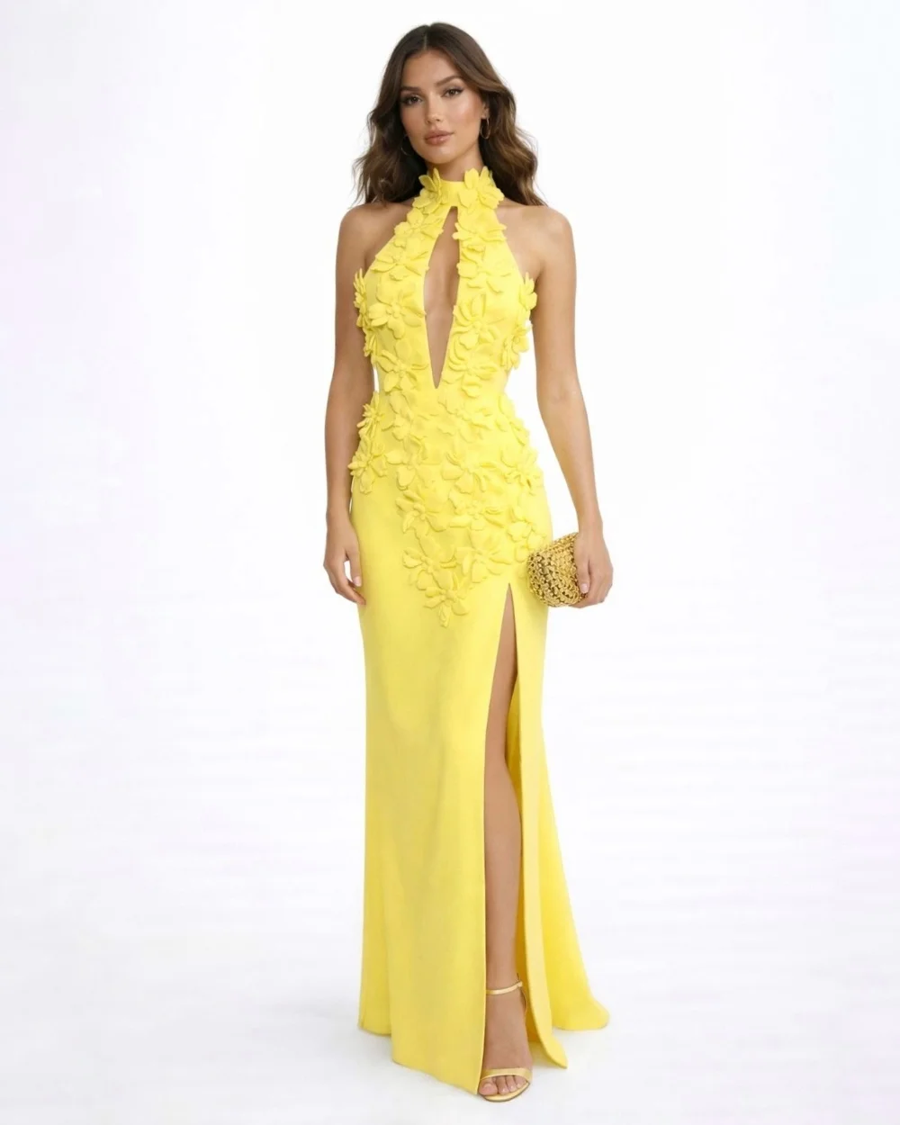 

Customized Matching Sexy Yellow Pleat Handmade Flower Mermaid High Collar Long Dresses Evening Dresses for Woman