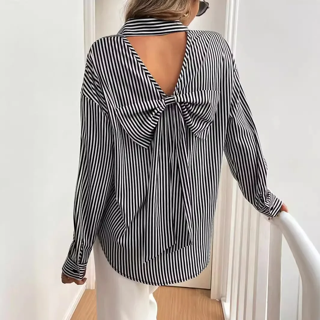 Elegant Women Tops Streetwear 2024 Autumn/Winter New Blouses Striped Printed Back Bow Front Button Long Sleeve Shirt for Female