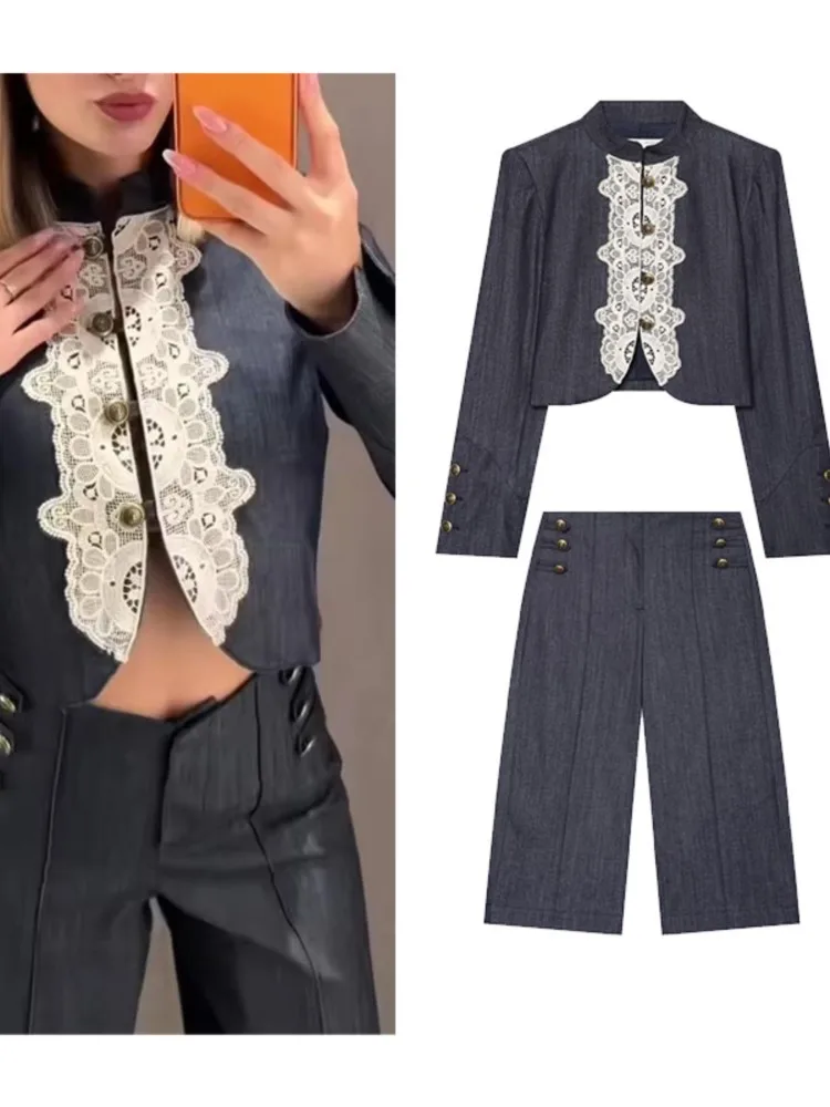 Women's Lace‑spliced Coat and Shorts New 2026 Denim Cropped Lace-Detail Long Sleeve Jacket Long Button Shorts Female Outfit