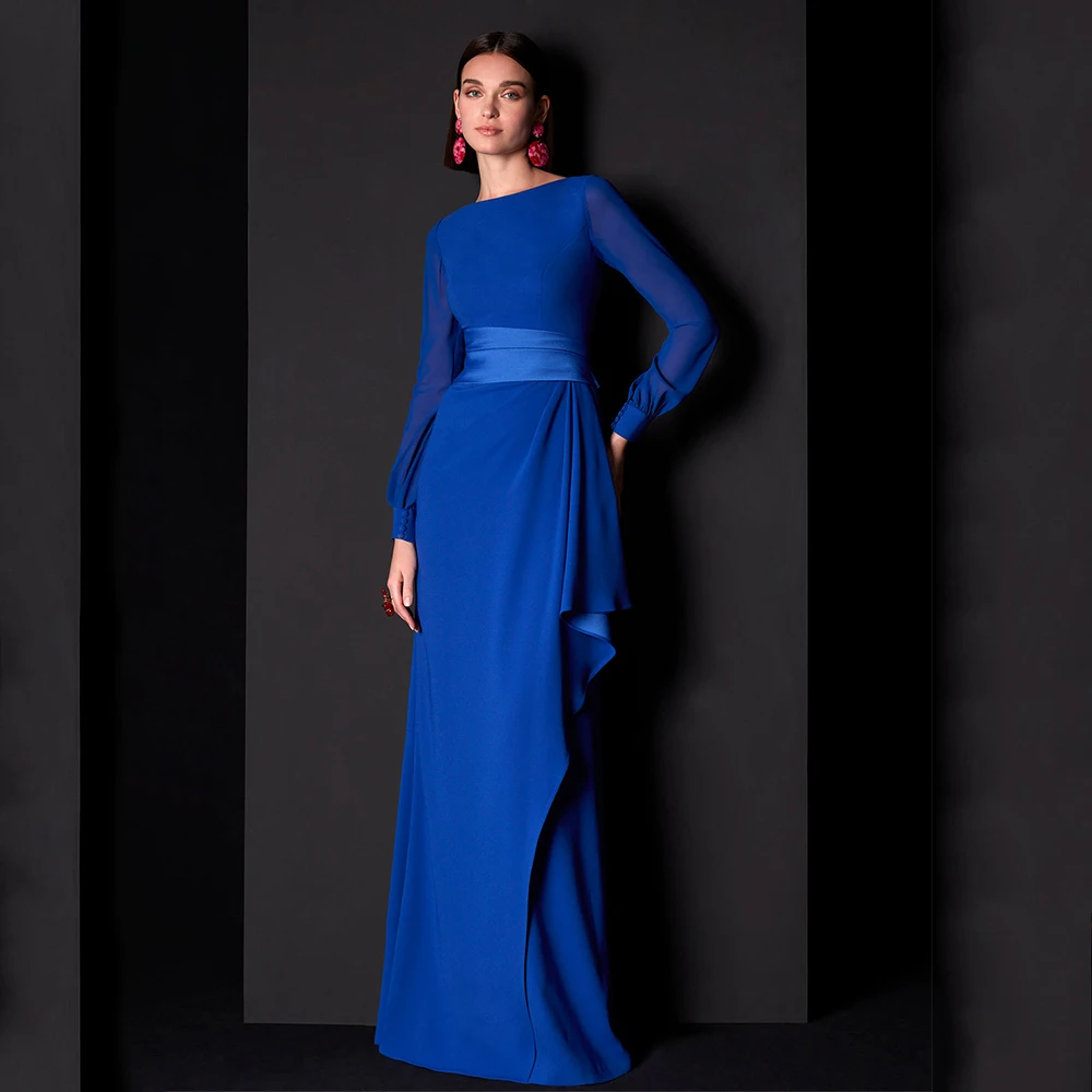 

Royal Blue Mother of The Bride Dresses Mermaid Long Sleeves Wedding Guest Dress Chiffon Ruffle Trumpet Formal Gowns Customized