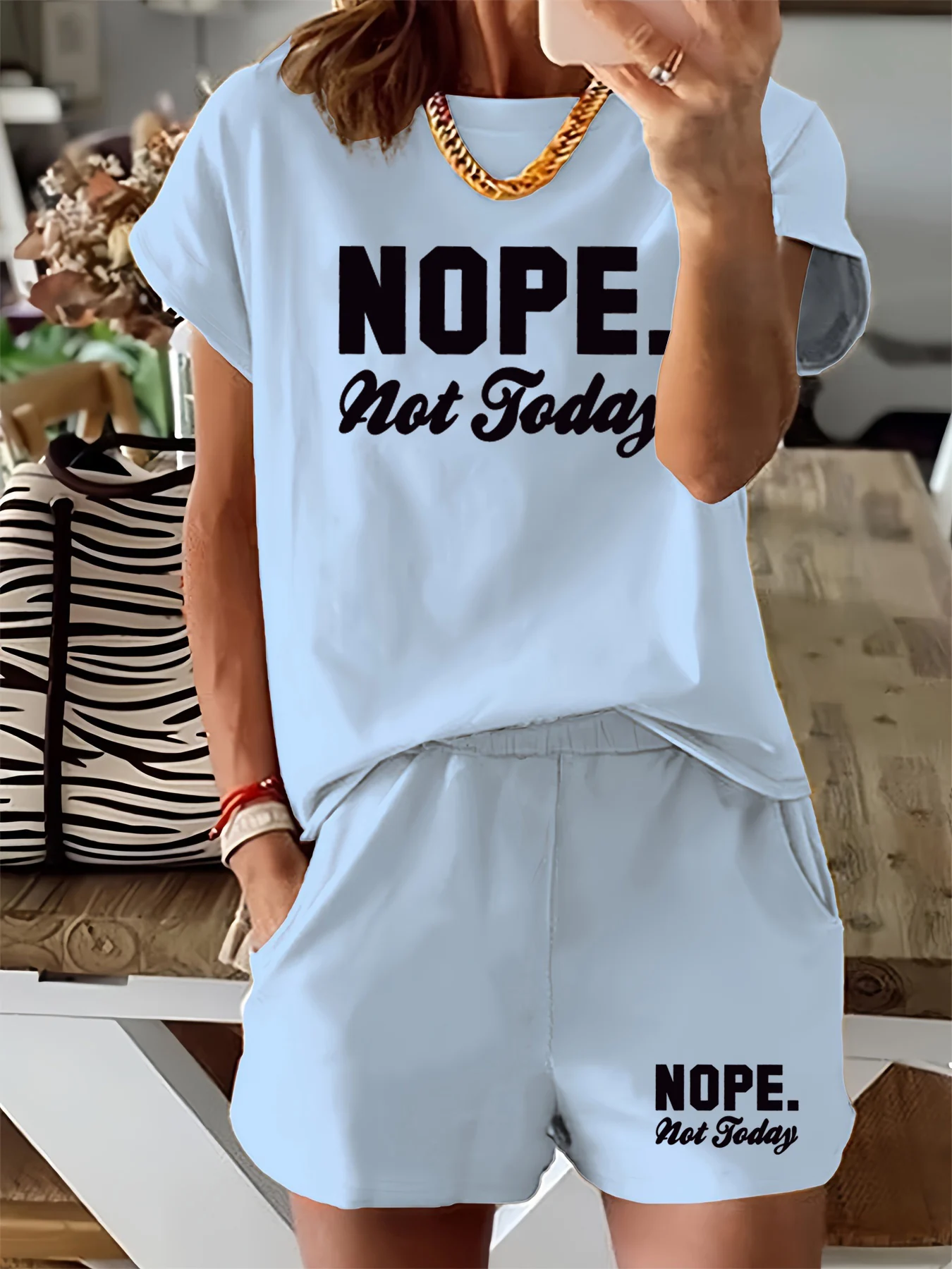 Summer women's comfortable loose NOPE not today printed casual loose round neck short sleeved T-shirt shorts two-piece set