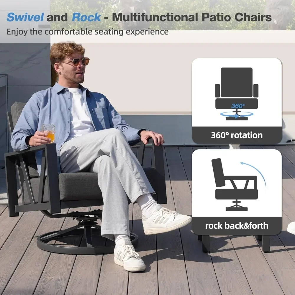 مجموعة كراسي هزازة دوارة للفناء الخارجي، أثاث شرفة الفناء، مجموعة بيسترو خارجية مكونة من 3 قطع طاولة قهوة