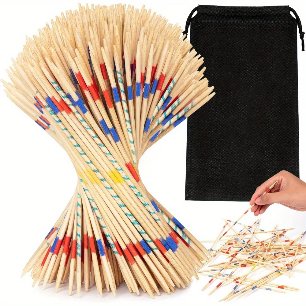 Pick Up Sticks for family, 200pcs Classic Wooden Pickup Sticks Game Toys with 1 Black Bag for Family Fun Game Gift