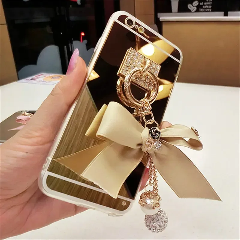 Soft Mirror Phone Case Cover, Luxury Bling, Diamond Rhinestone, Bowknot Pendant, for Samsung S23 Ultra, S24, S21, S22, Note20