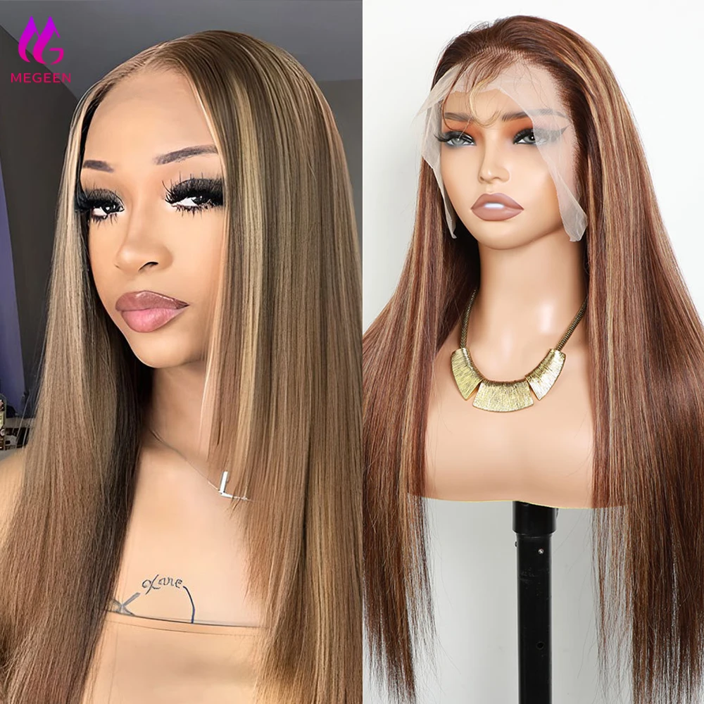Megeen 13X4 Wig Frontal renda transparan rambut manusia madu pirang sorot P4/27 Wig depan renda lurus Wig Ombre berwarna Remy