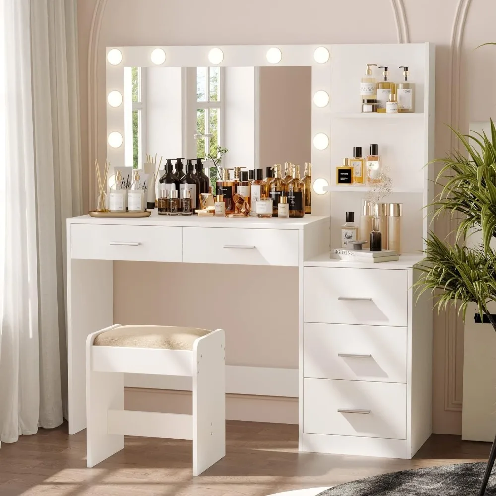

46.7" W Makeup Vanity Set with LED Lights & Mirror – Vanity Desk with 5 Drawers, 3 Color Lighting Modes, Dressing Table for Bedr