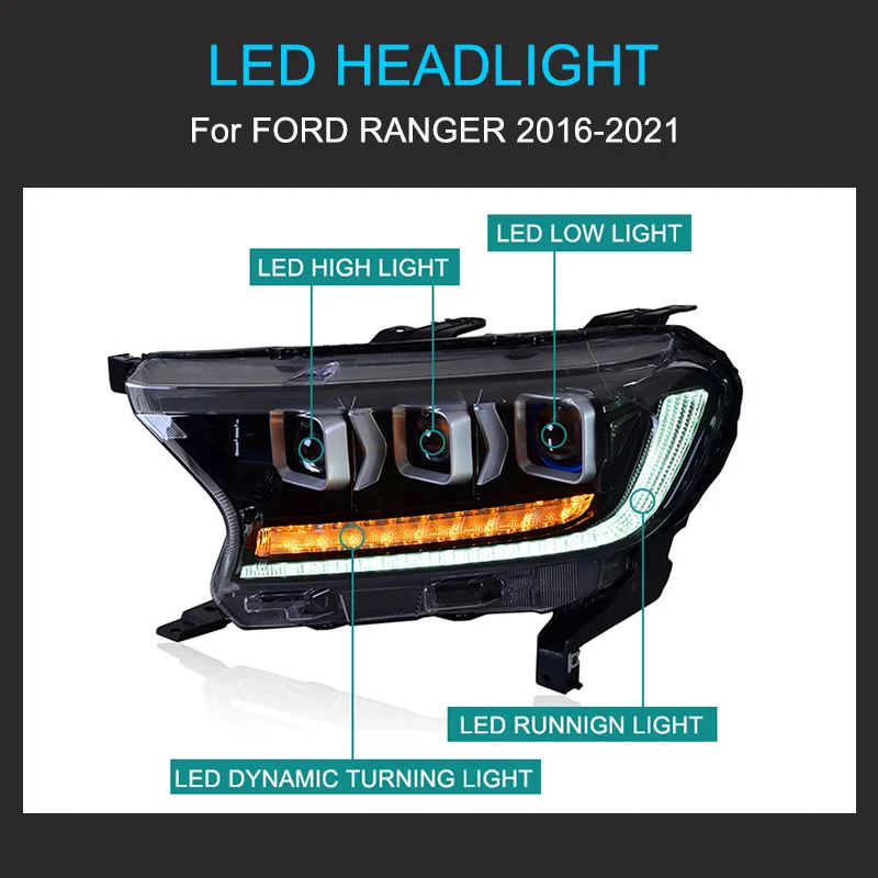 1 زوج LED مجموعة مصابيح أمامية لفورد رينجر 2016-2021 المصباح التوصيل والتشغيل مع LED DRL الديناميكية تحول مصابيح أمامية