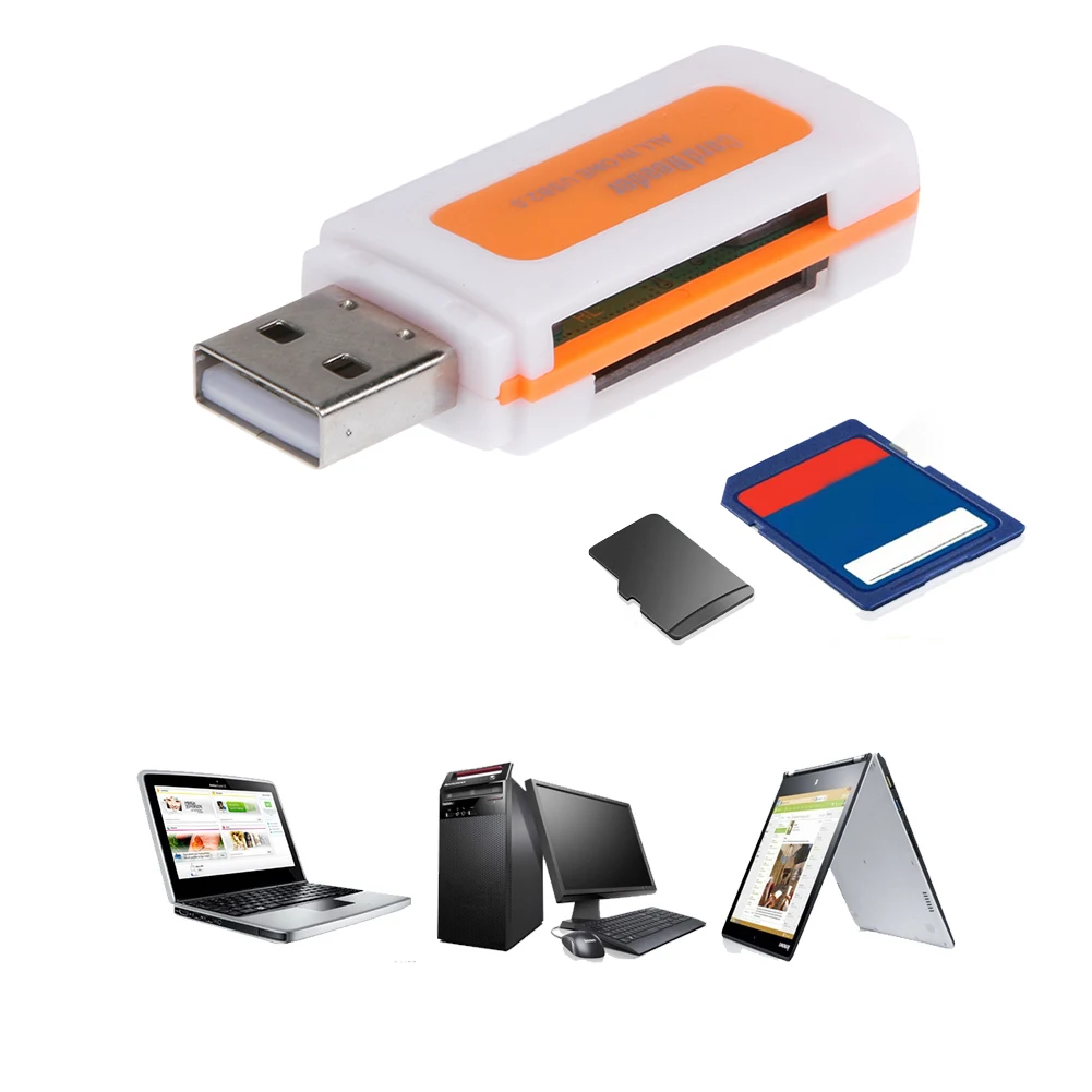4 in 1 Mini USB 2.0 Card Reader USB Card Reader Adapter 4 Card Slots Portable Memory Card Reader USB Adapter for TF SD MS M2
