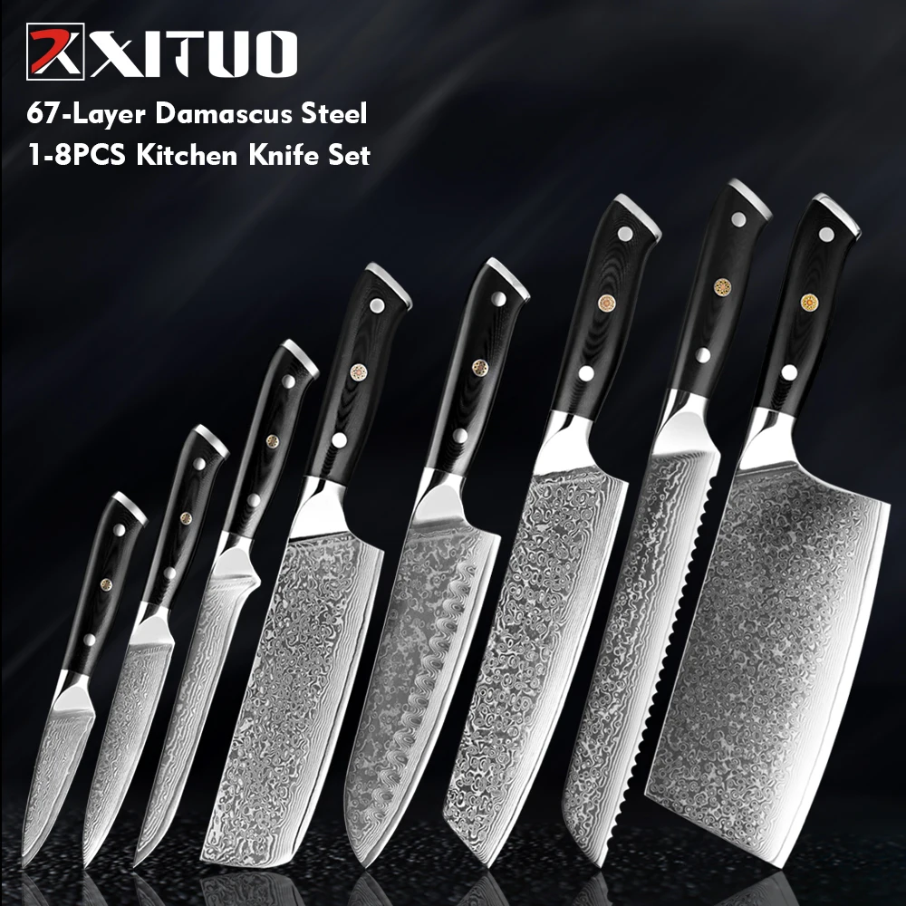 

Japanese 1-8PCS Kitchen Knives Set,Damascus Steel Sharp Chef knife Santoku,Cleaver,Paring,Bread ,Boning Knives Black G10 Handle