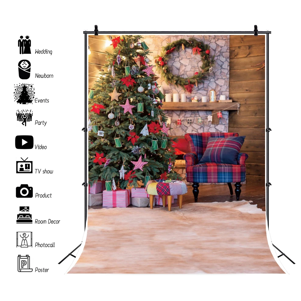 Christmas Backdrop for Photography Xmas Tree Fireplace Gifts Wooden Floor Baby Portrait Family Party Photocall Background Decor