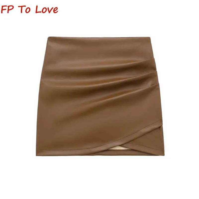 

Y2K Black Sexy Spice PU Wrap Hip Skirt Apricot Pleated Anti-Shine High Waist Coffee Irregular Leather Skirt