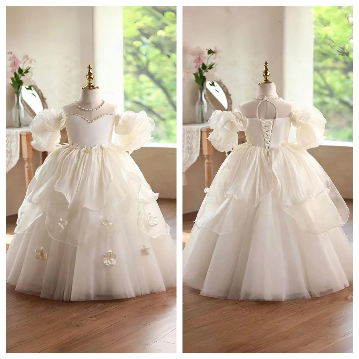 

Off Shoulder 3D Floral Puff Sleeve Flower Girl Dress Layered Tulle Princess Ball Gown Floor Length Wedding Birthday Party Dress