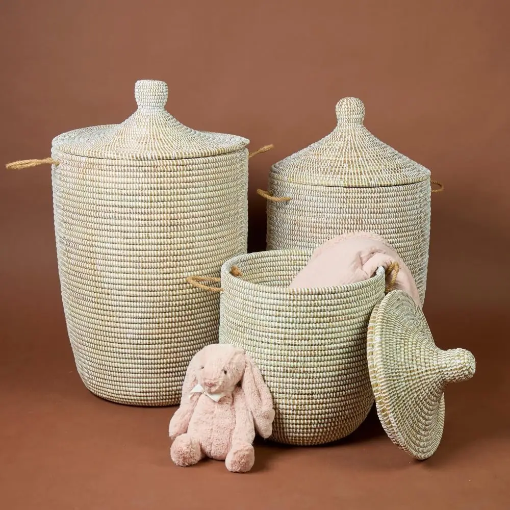 

White Wicker Storage Basket Set for Living Room, Nursery, Bathroom and Bedroom, Set of 3pcs
