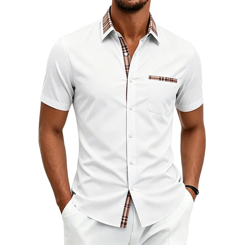 Men American Summer Color Block Lapel Short Sleeve Shirt, Stretch Breathable Wrinkle Free Shirts Business Casual EU Wholesale
