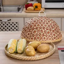 1pc 13.7inch red/blue natural bamboo woven food cover restaurant home table display fruit food fly cover