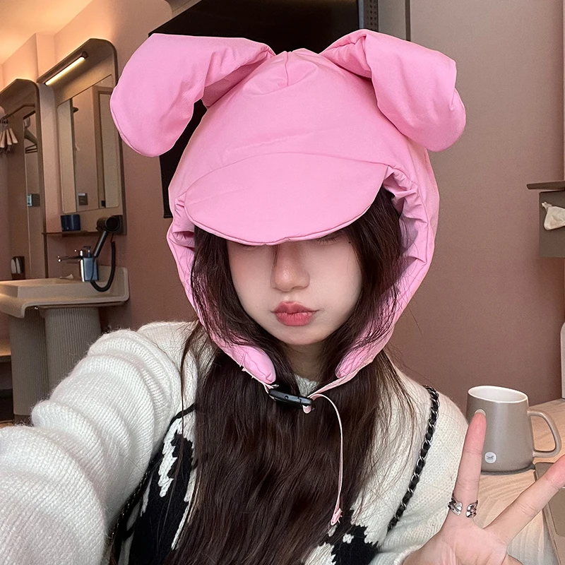 Cute Pink Long Ears Padded Bomber Hats Autumn and Winter Korean Version Fashion Warm Cartoon Rabbit Caps for Women and Men