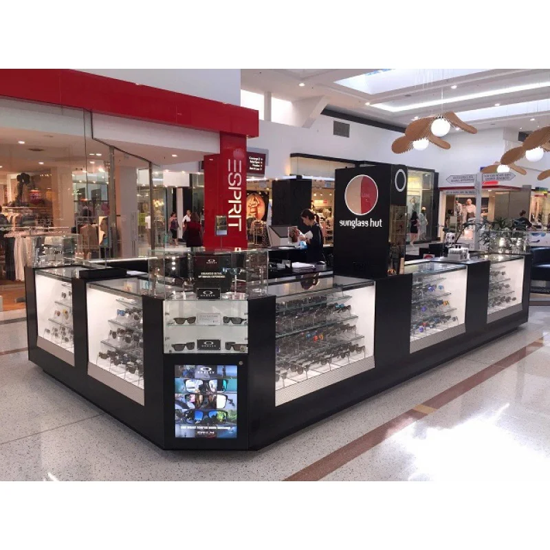 Custom, modern design Wood sunglasses showcase kiosk with LED light custom sunglasses showcase stand for mall