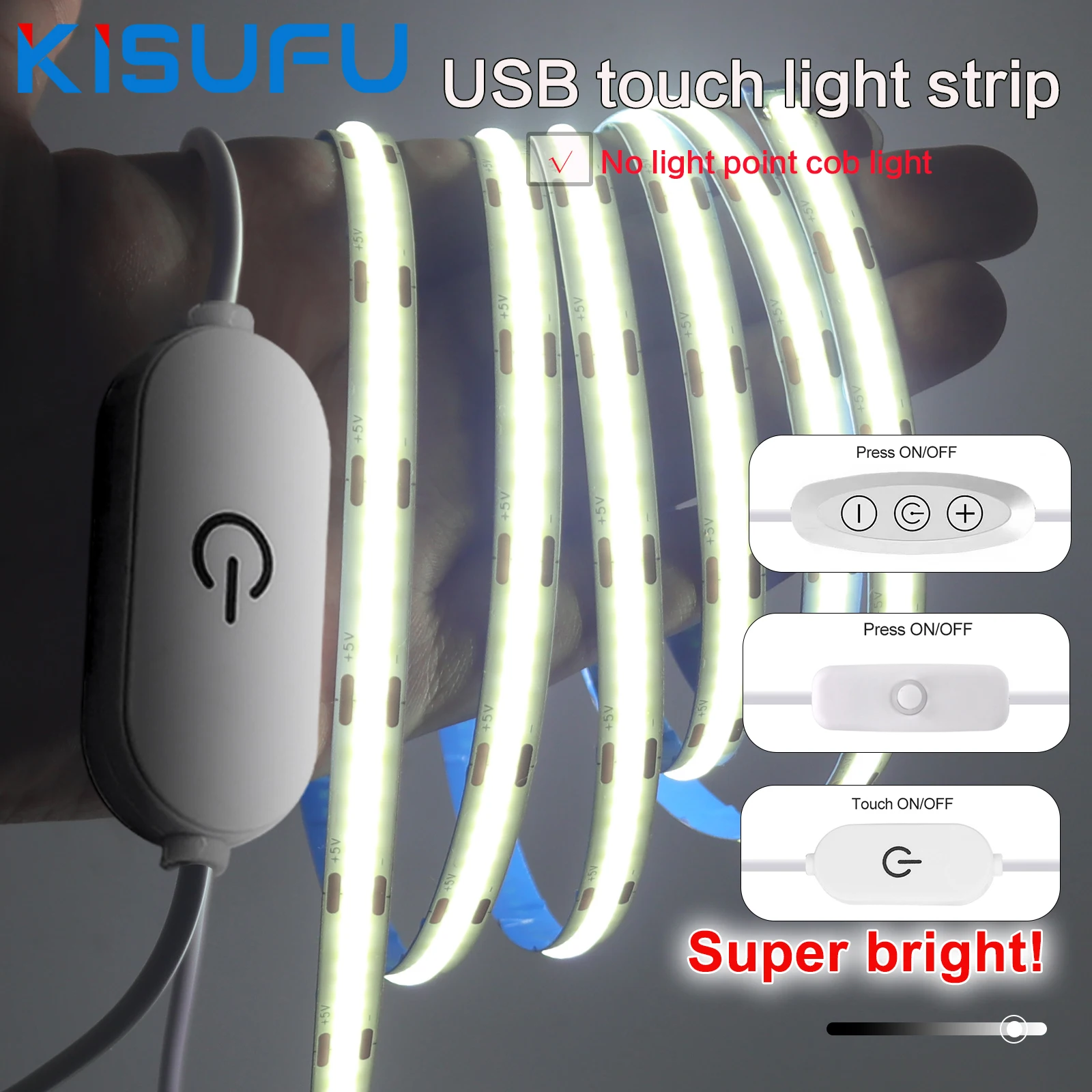 

LED COB Light Strip With Touch Sensor/ON OFF Switch Flex Diode Tape 5V USB Linear Indoor Lighting Lamp Room TV Mirror Backlight