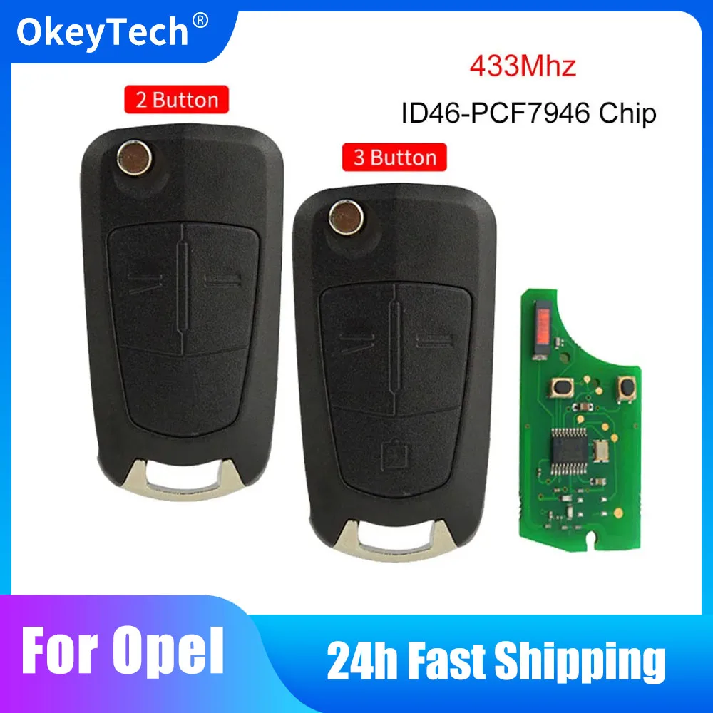 

OkeyTech 2/3 Buttons 433Mhz Flip Folding Remote Car Key Transponder ID46 PCF7946 Chip For Vauxhall Opel Vectra C HU100 Blade