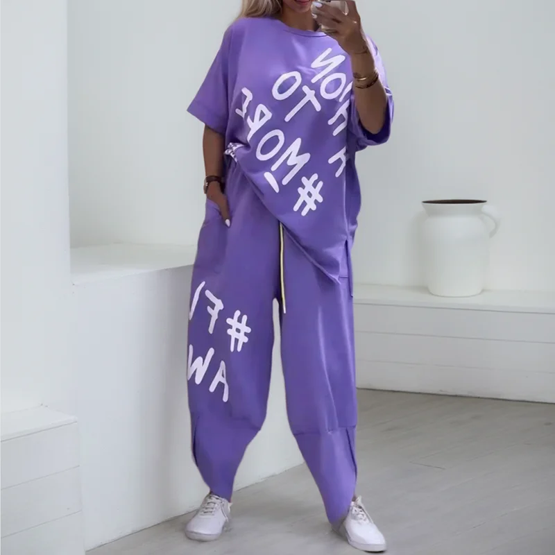 Casual Summer Outfit Set Women Sexy Round Neck T-shirt And Long Pants Two Piece Set Fashion Letter Printing Casual Sports Suit