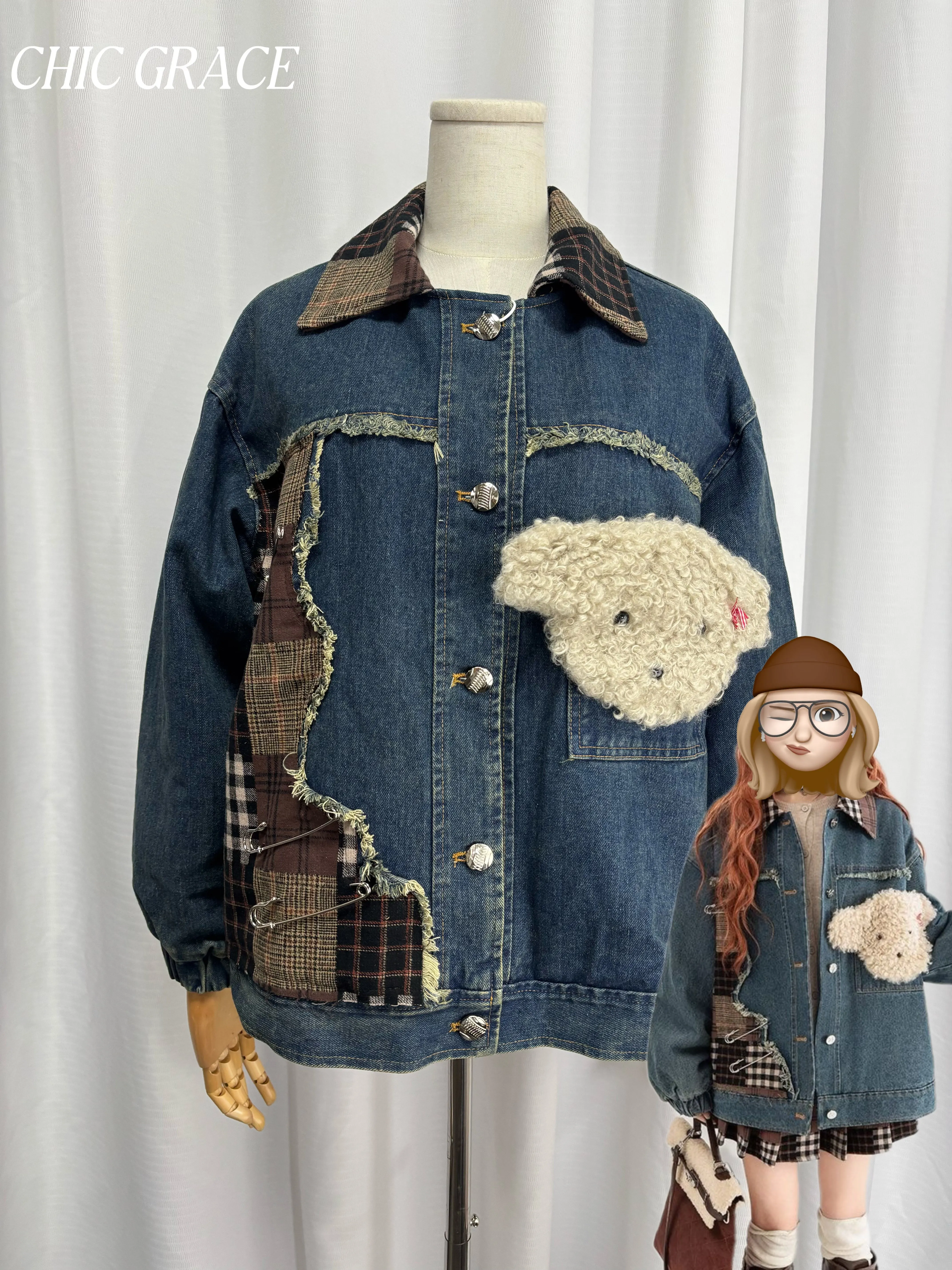 Prawdziwe zdjęcia 2025 Wczesna Jesień Amerykańska Kurtka Jeansowa Vintage Damska, Designerski Patchwork Kolorowy - Blokowy, Luźny Casualowy Płaszcz Wyszczuplający, F