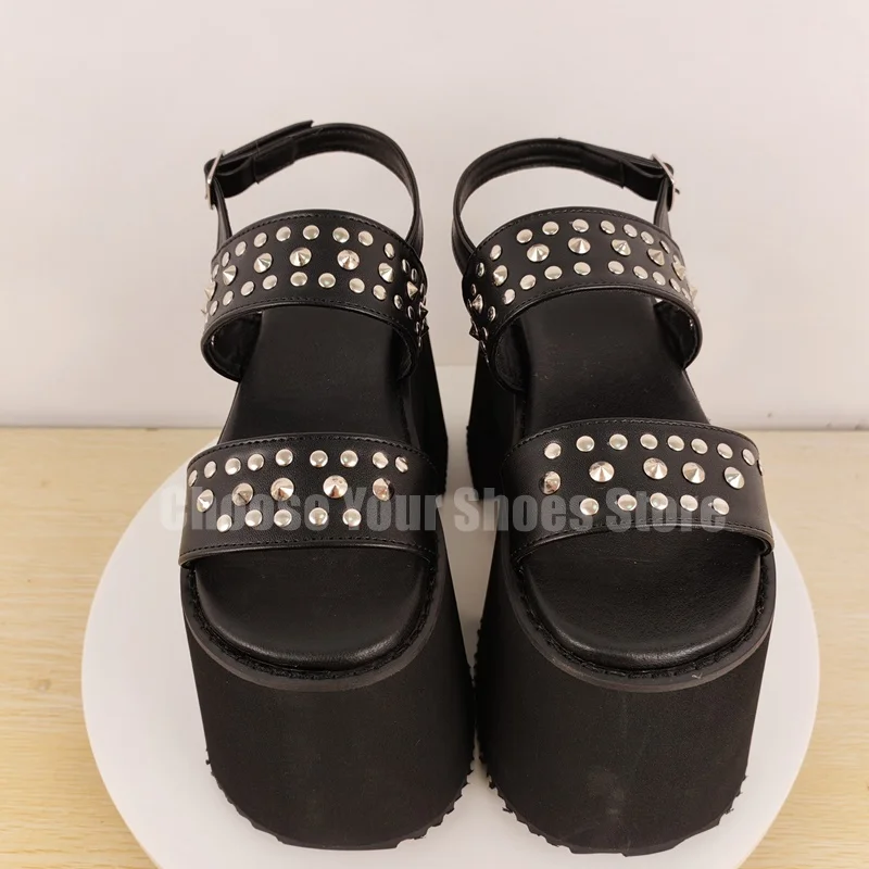 

Metal Spikes Black Open Toe Platform Sandals Buckle Strap Women Shoes Chunky High Heels Fashion Party 2025 Zapatos Para Mujere