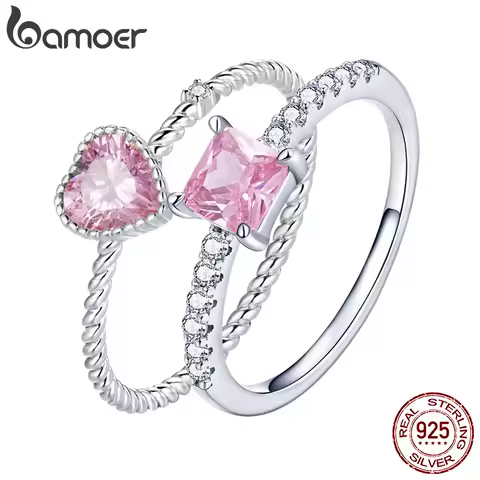 bamoer Real 925 Sterling Silver Pink Love CZ Ring For Fashion Women Cute Fine Jewelry Wedding Accessories Gift BSR157