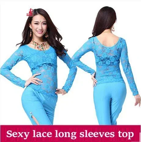 New arrival crystal cotton and lace belly dance top momen vest+lace long sleeves 2pcs belly dance tops sexy top 9 colors