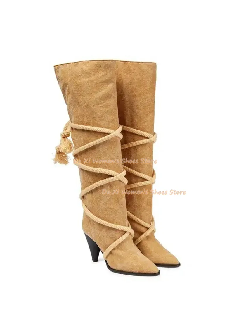 Khaki Faux Suede Knee High Boots Pointed Toe Cone Heel Rope Wrap Tassel Decor Tall Boots Western Party Luxury Women's Shoes 2026