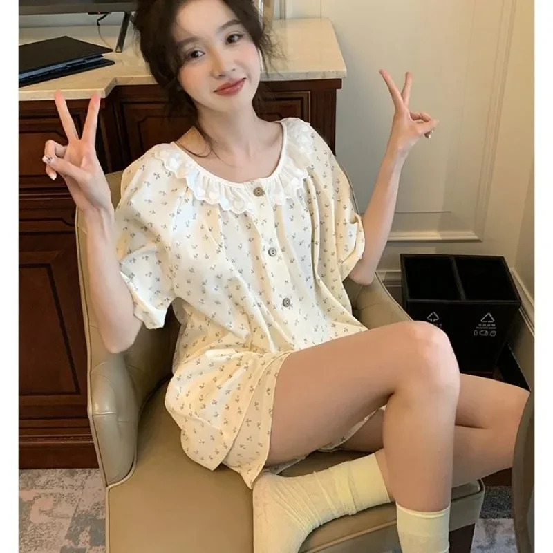 Cherry Sleepwear Women Korean Reviews Many Pajama Sets Summer Home Wear Short Sleeve Pyjamas Lace  Two-piece Set Japanese Piiama