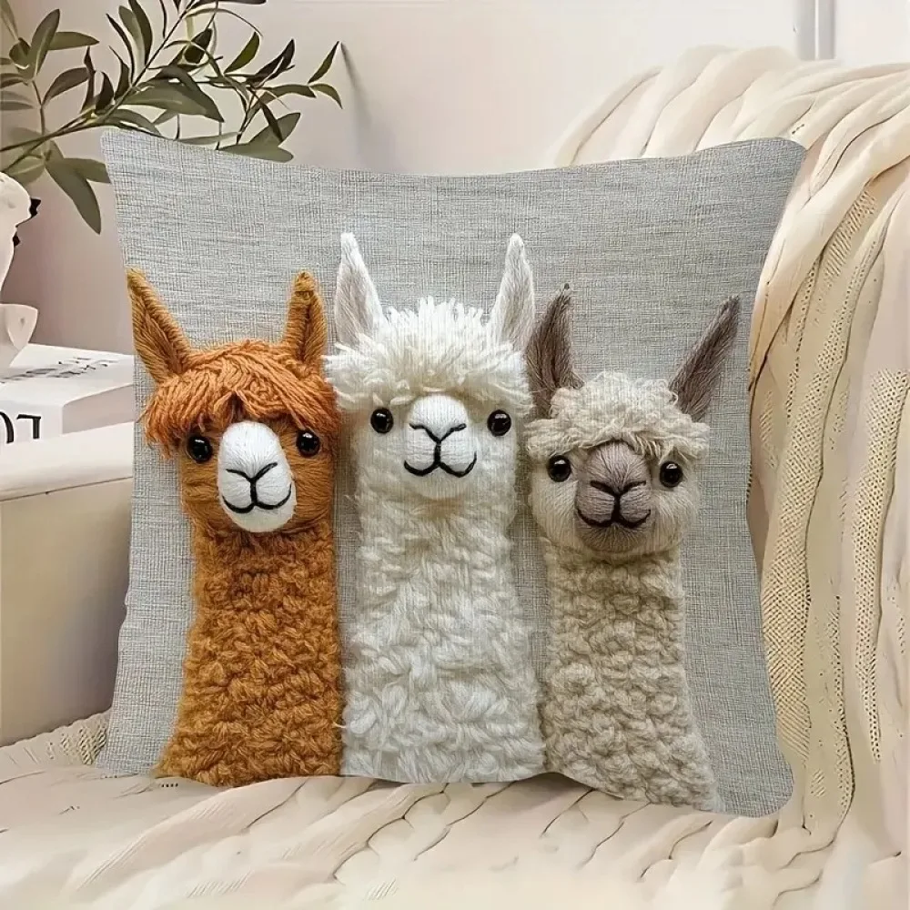 Cartoon Alpaca Print Cushion Cover Linen Throw Pillow Case 45x45cm Decorative Sofa Bed Home Decor Modern Animal Pillow