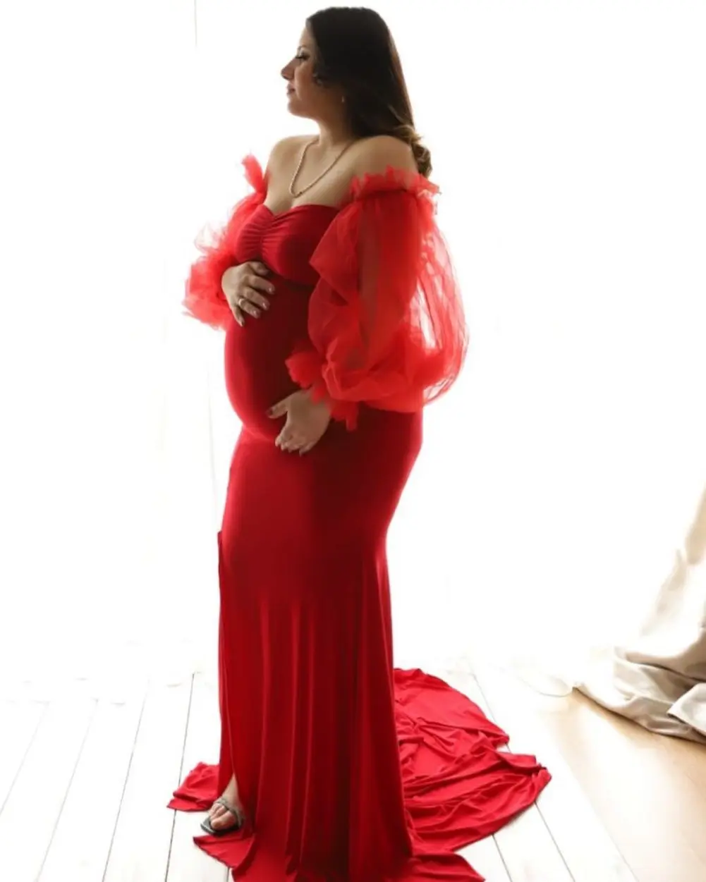 

Red Pregnant Woman Prom Dress For Photoshoot Sexy Off Shoulder Full Sleeve Bridal Morning Robe Evening Gown Sleepwear Customized