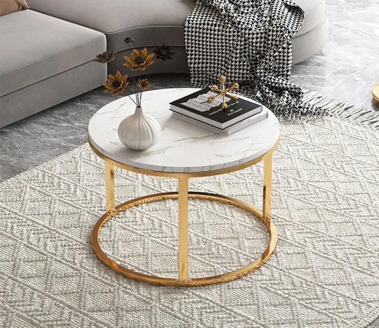 طاولة قهوة حجرية متينة وحديثة صديقة للبيئة باللون الذهبي الفاخر لغرفة المعيشة الصغيرة بتصميم حجري