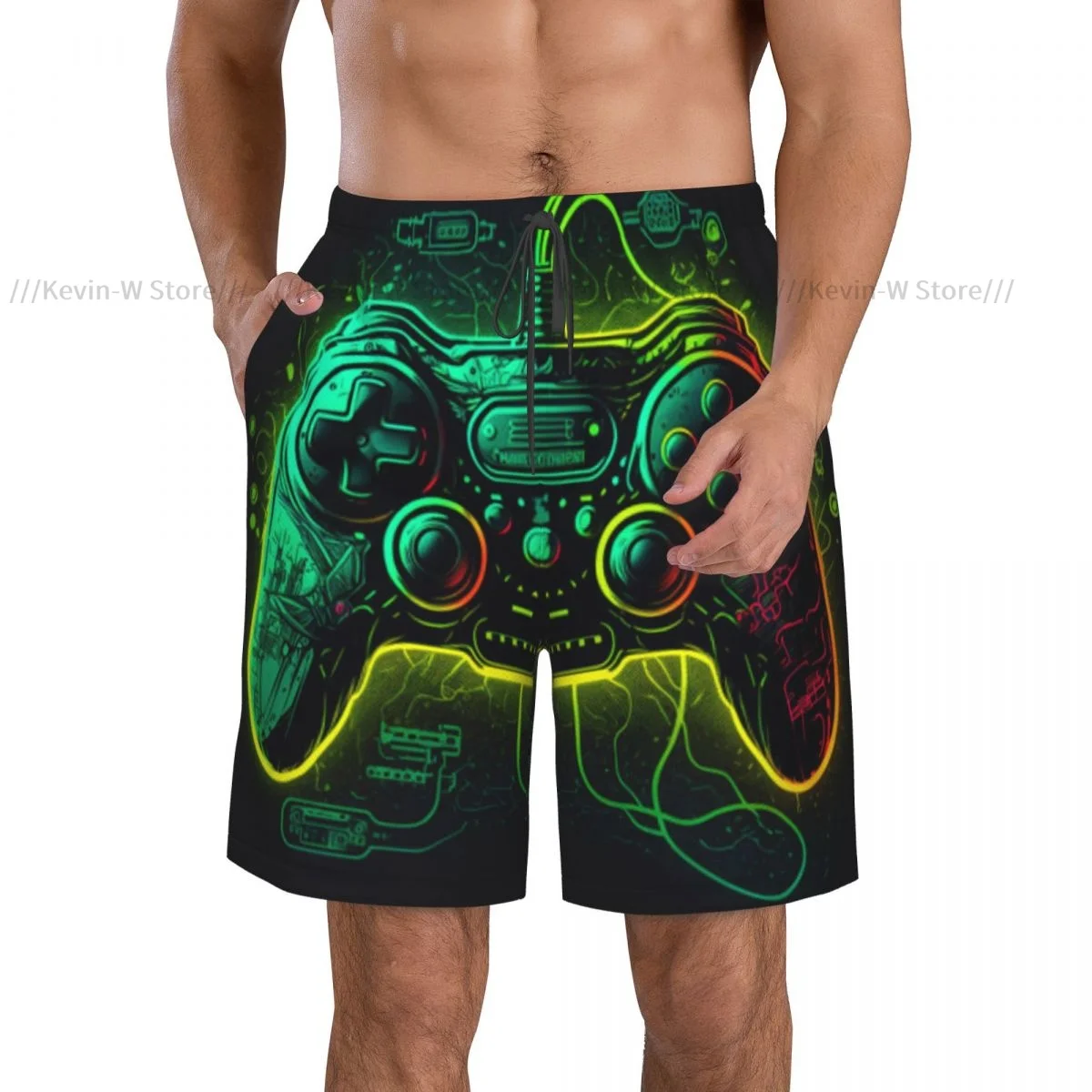 Summer Men Swimwear Breathable Quick Dry Trunks Neon Style Game Poster Beach Shorts for Running Training Surfing