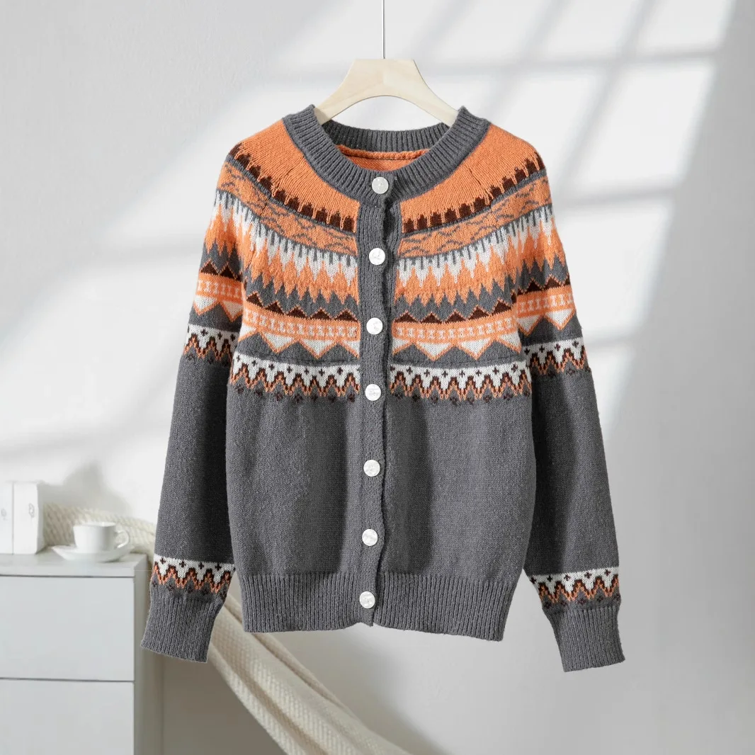 

Женский вязаный кардиган Fair Isle, осень-зима, новый экспортный однобортный свитер контрастного цвета с длинными рукавами, куртка