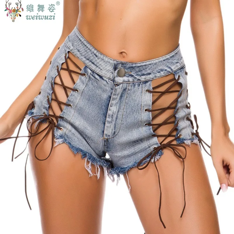 

Women's Jeans Sexy Charming High Waist Hollow Out Ultra Denim Shorts Cross Lace Up Shorts Autumn Nightclub Pole Dance DS Uniform