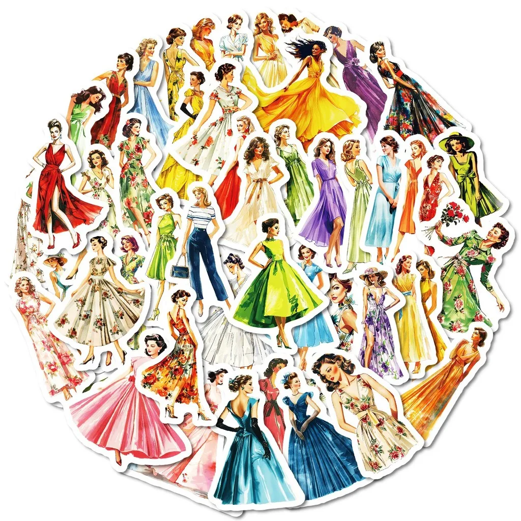 50Pcs Audrey Hepburn Style Stickers, Elegant Lady & Dress Decals, Retro Western Graffiti Stickers for Travel Case, Cup and iPad