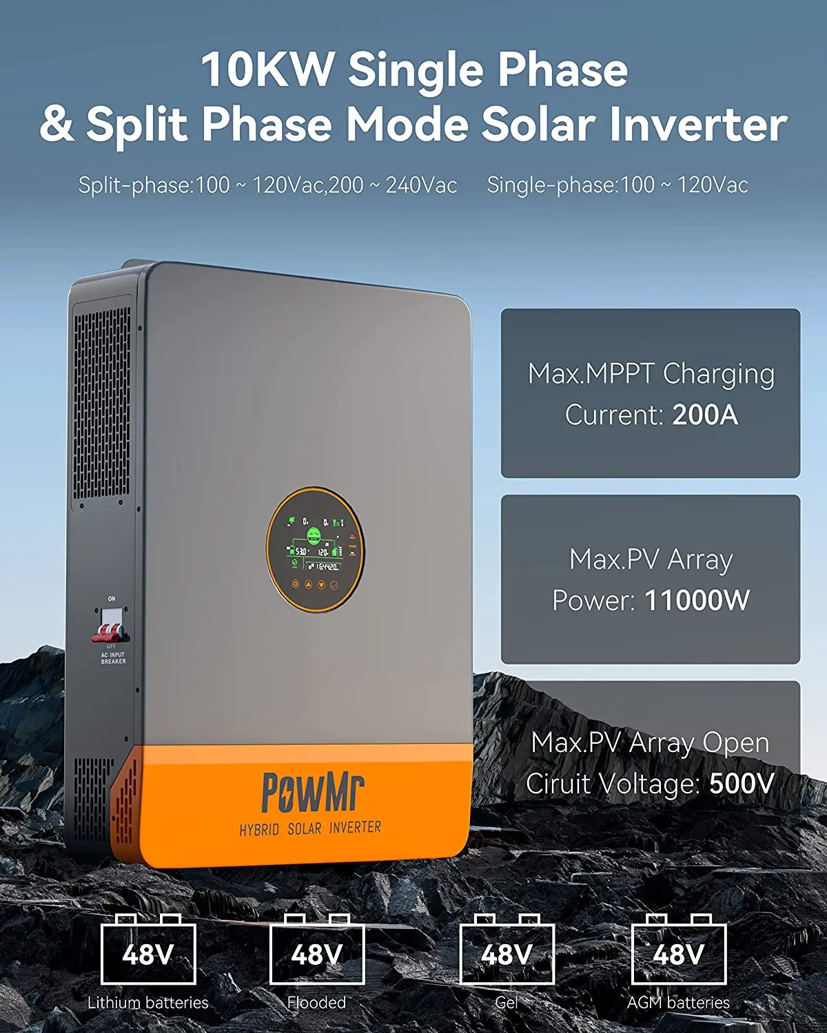 10000W Split-Phase Solar Inverter Built-in 200A MPPT Charge 48V to 120V/240V AC Compatible LiFePO4 battery Parallel Max 6 Units