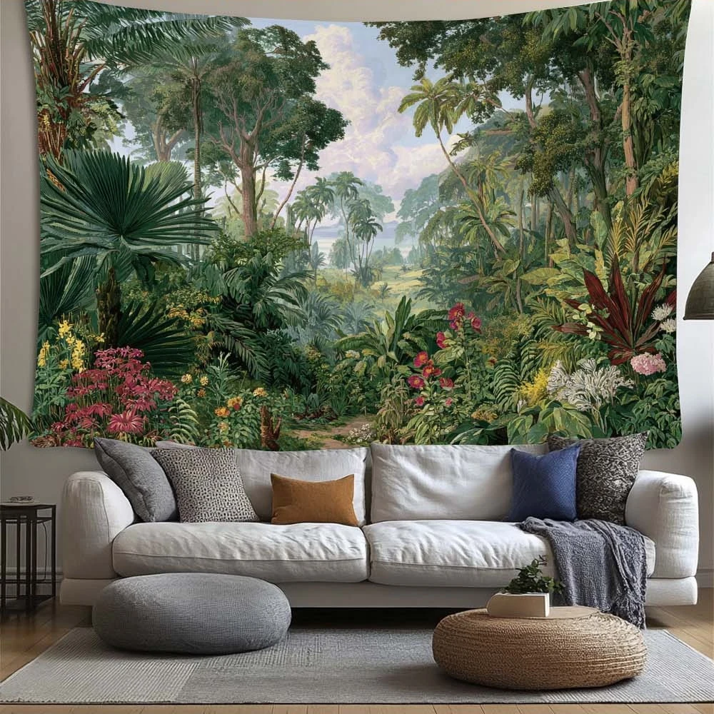 1pc Gran Tapiz de Selva Tropical para Pared - Diseño Bohemio con Hojas de Palma y Monstera, Escenario de Verdor - Manta Horizont